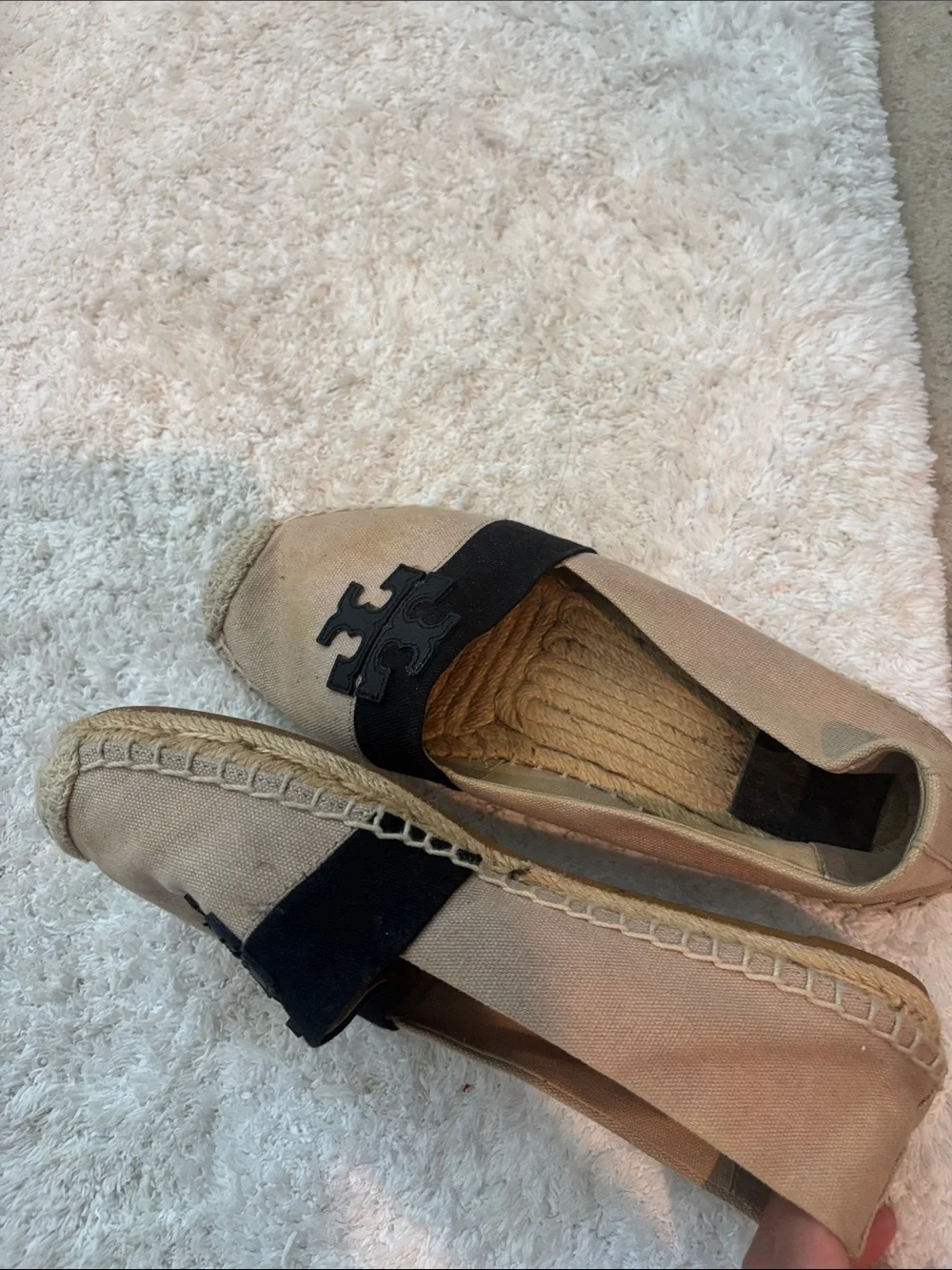 Tory Burch Tan Canvas Espadrille Flats with Black Logo Band